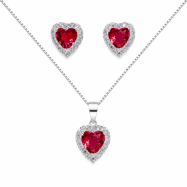 Conjunto Coração em Prata 925 com Zircônia Vermelha