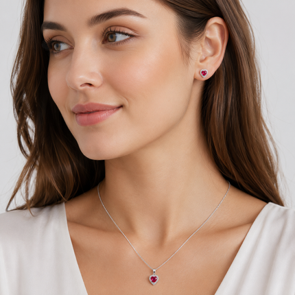 Conjunto Coração em Prata 925 com Zircônia Vermelha