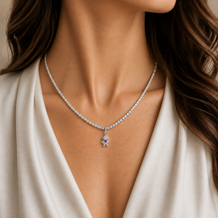 Pingente Minha Menina em Prata 925 com Zircônias e Coração Rosa